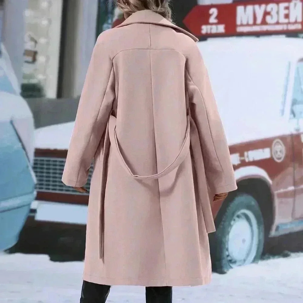Casual Women's Lapel Neck Double Breasted Belted Jacket coat Dusty Pink - Picture 2 of 6